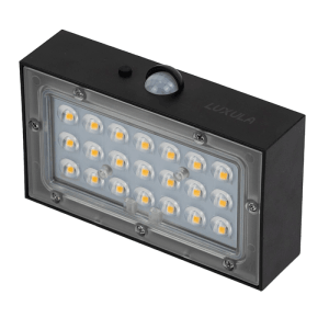 Schwarze LUXULA Solar Wandleuchte mit Bewegungsmelder und warmweißem Licht.