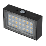 Schwarze LUXULA Solar Wandleuchte mit Bewegungsmelder und warmweißem Licht.