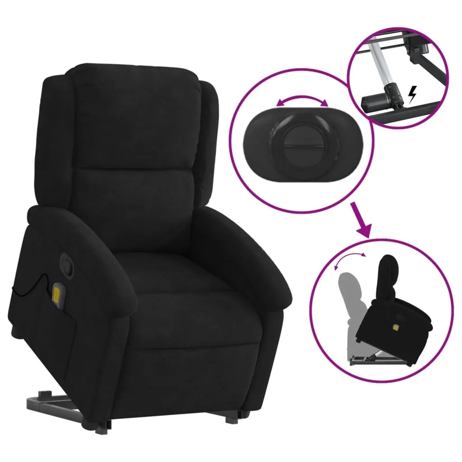Schwarzer vidaXL Massagesessel mit Aufstehhilfe aus Samt, mit Bedienfeld und Funktionsdarstellung.