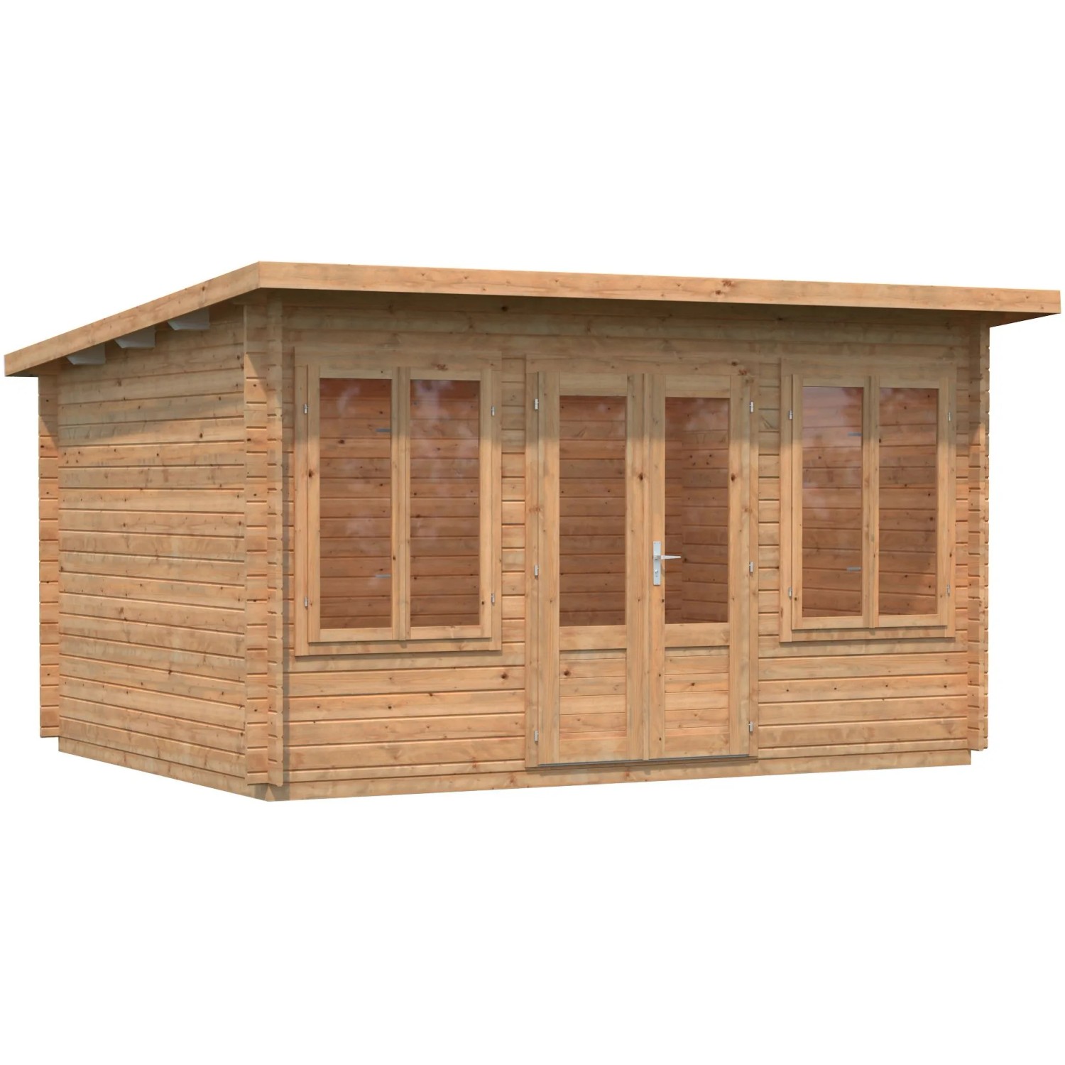 Hellbraunes Palmako Lisa Holz-Gartenhaus mit Pultdach, 400x300 cm. Gartenhaus aus Holz mit Fenster und Doppeltür.