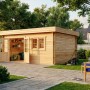 Naturbelassenes Alpholz Gartenhaus Spree-28B mit Pultdach, Doppeltür und Fenster.
