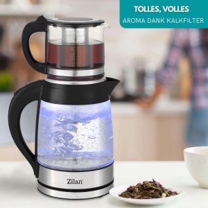 Zilan Teekocher ZLN-4858 aus Glas und Edelstahl, 1,8 L Wasserkocher und 0,8 L Teekanne.