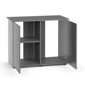 Juwel Aquarienschrank SBX Rio 290, grau, mit offenen Türen und Regalfach.