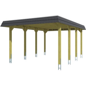 Skan Holz Carport Spreewald mit schwarzer Blende und Nussbaumfarbenem Holz. Einzelcarport mit Flachdach.
