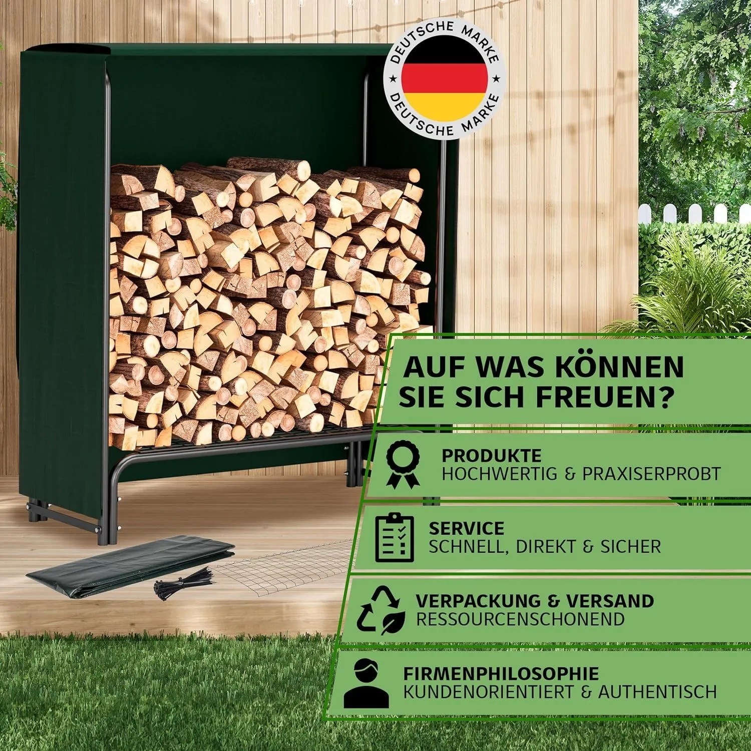 TTL GARDEN Kaminholzregal S mit Schutzplane, gefüllt mit Holzscheiten. Holzlager für Kaminholz im Garten oder Innenbereich.