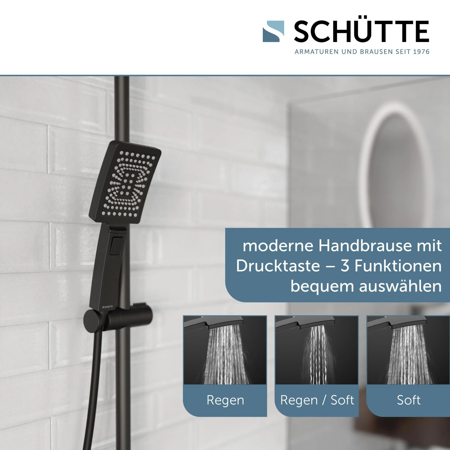 Schütte Trento Brauseset, Überkopfbrause mit Thermostat, schwarz matt. Regendusche und Handbrause.