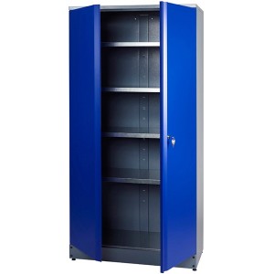 Küpper Hochschrank mit 2 Türen, 4 Böden, 910 mm breit, blau/silber, geöffnet.