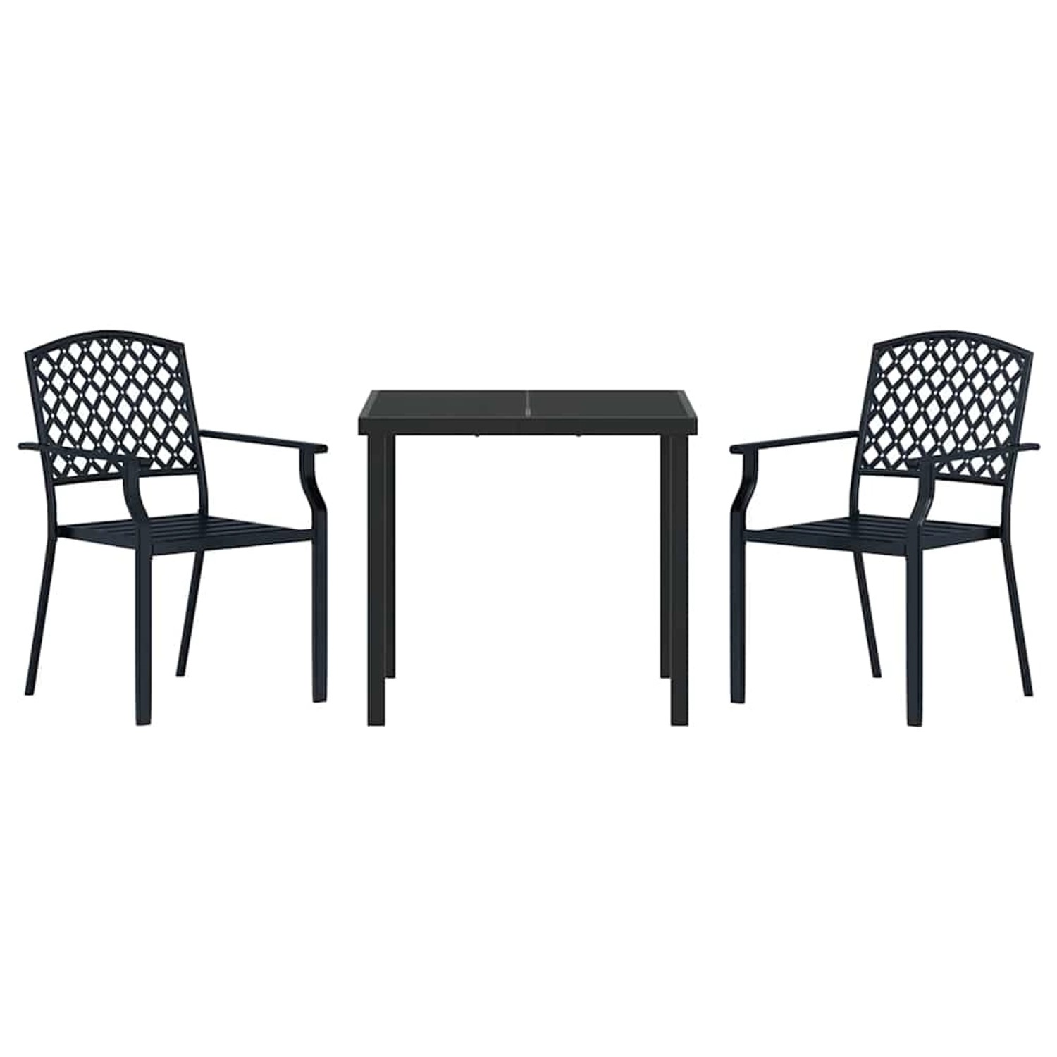 3-teiliges Garten-Esszimmer-Set aus Stahl in Anthrazit mit Tisch und 2 Stühlen.