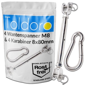 Toldoro Sonnensegelspanner Set: 4 M8 Wantenspanner, 4 Karabiner (80mm) aus Edelstahl für Sonnensegel.