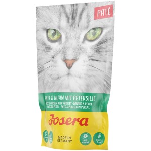 Josera Katzen-Nassfutter Pate Ente & Huhn, 85g Beutel mit Katzenmotiv.