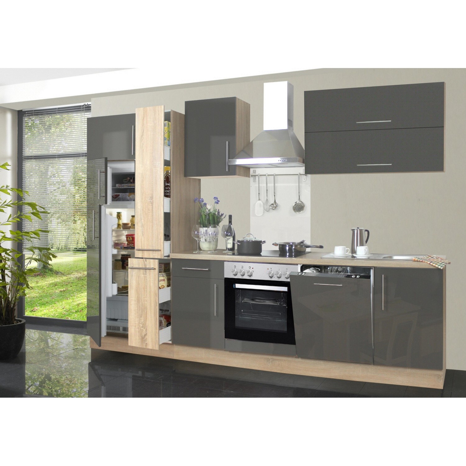 Menke Küchenzeile/Küchenblock Jana 310 cm Lava Hochglanz-Sonoma Eiche Nachbildung