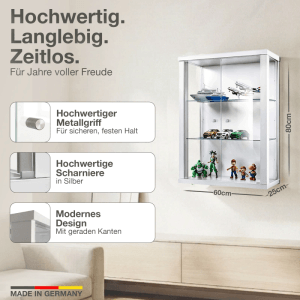 Weiße Hängevitrine mit Glastüren und zwei Glasböden, ideal zur Wandmontage für Sammlerstücke.
