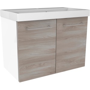 Fackelmann Waschbeckenunterschrank Lima, 60 cm, weiß matt mit Holzdekor Front.