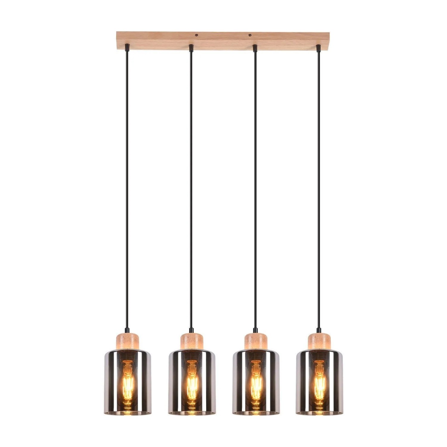 NETTLIFE Pendelleuchte für Esstisch Glas-Pendellampe Vintage Esstischlampe Holz-Pendelleuchte 4 Rauchglasflammen E27