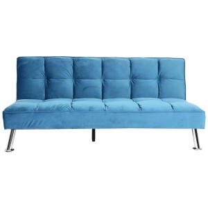 Blaues Samt Sofa MCW K21 mit Schlaffunktion und verstellbarer Rückenlehne.