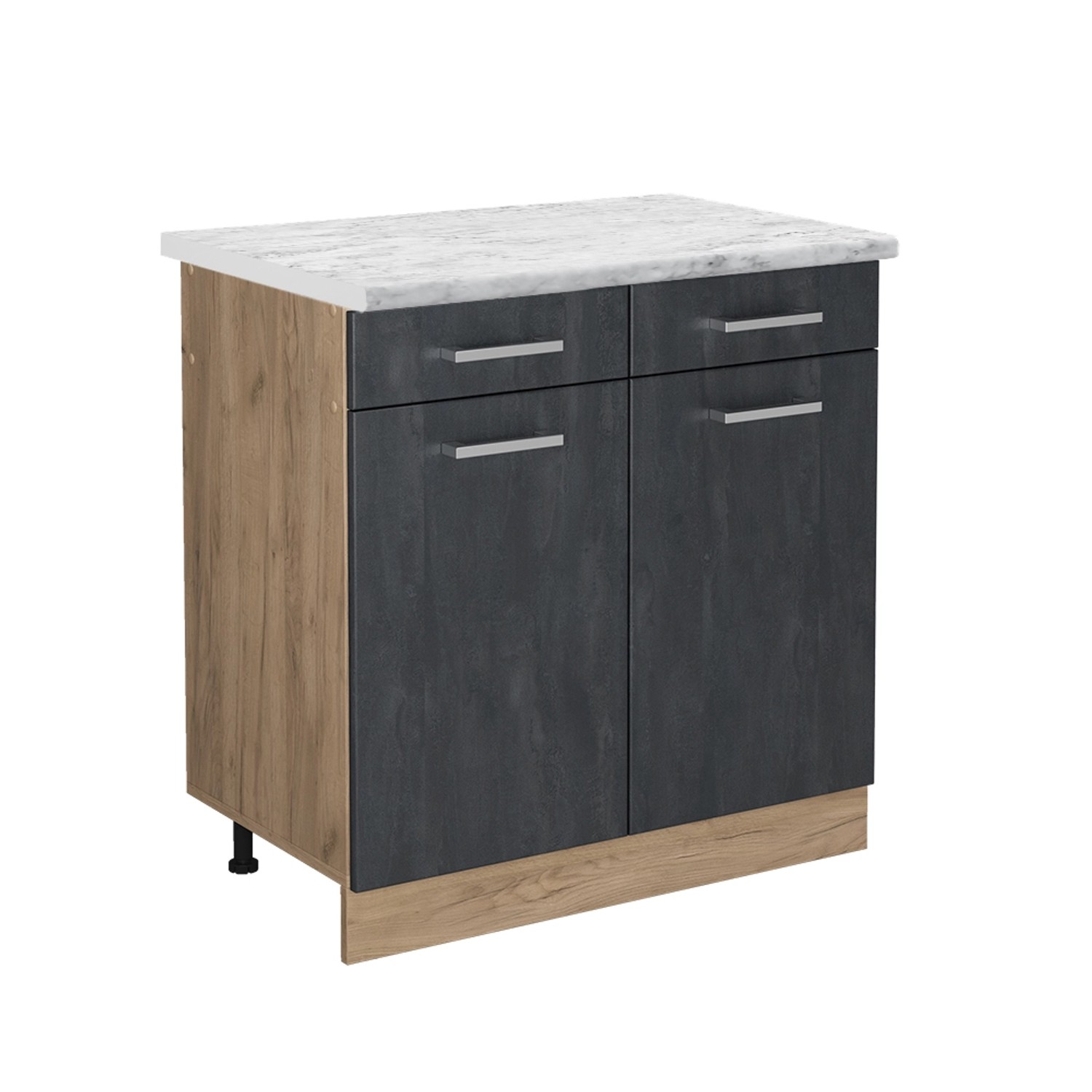 Vicco Küchenunterschrank R-Line Schubladenschrank für die Küche Schwarz Beton 80 cm AP Marmor mit Goldkraft Eiche Korpus