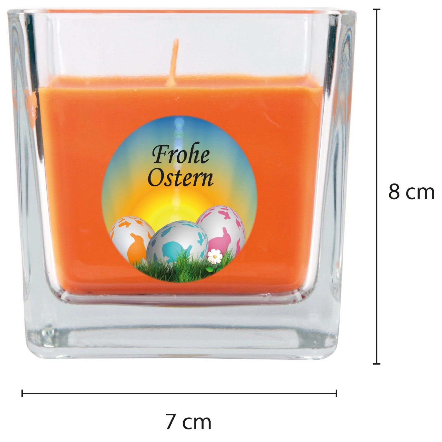 HS Candle Duftkerze im Glas, Frohe Ostern Motiv, Honigmelone Duft, quadratisch.