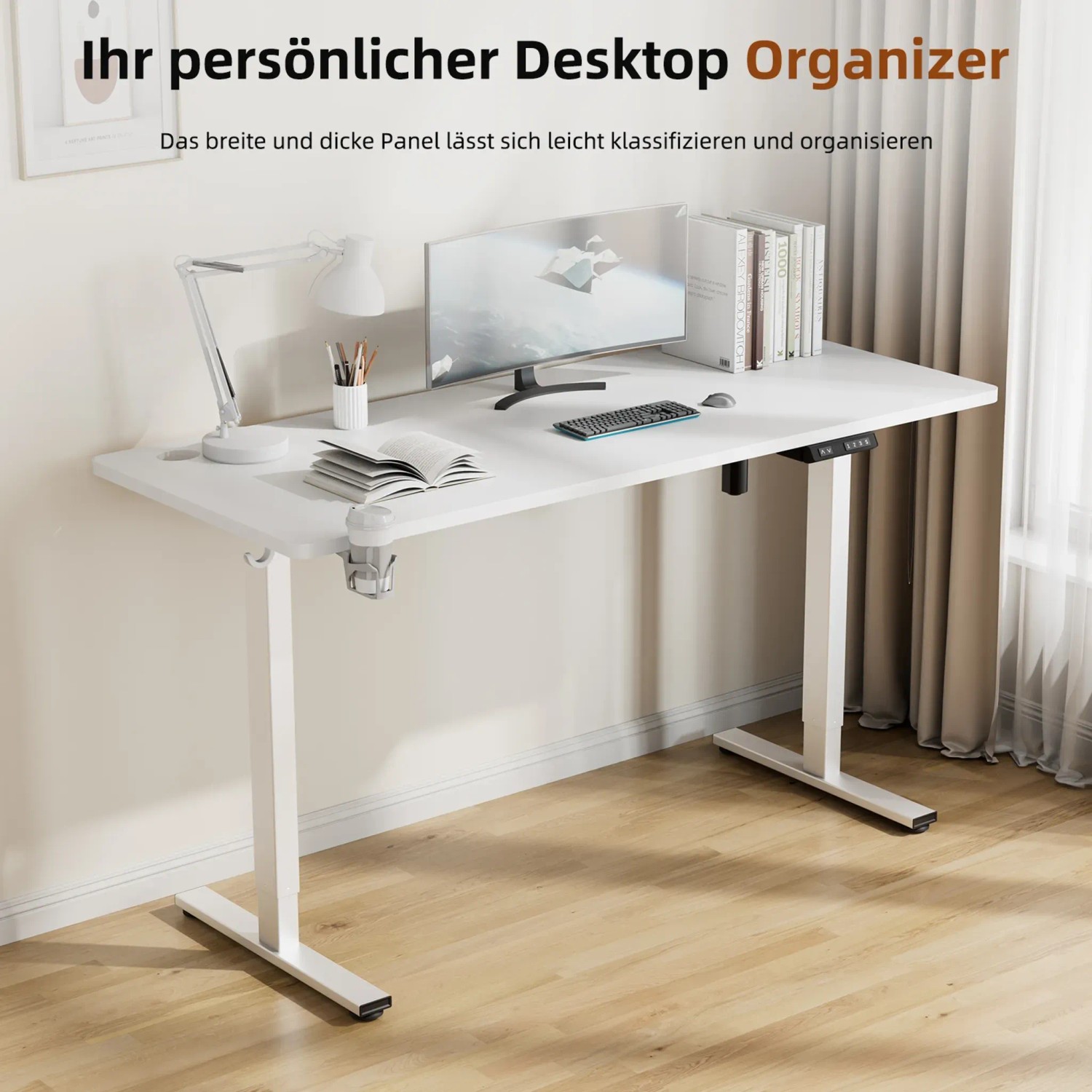 HOMAVO höhenverstellbarer Schreibtisch, 120x60cm, weiß, mit USB-Ladestation und Anti-Kollisionssystem.
