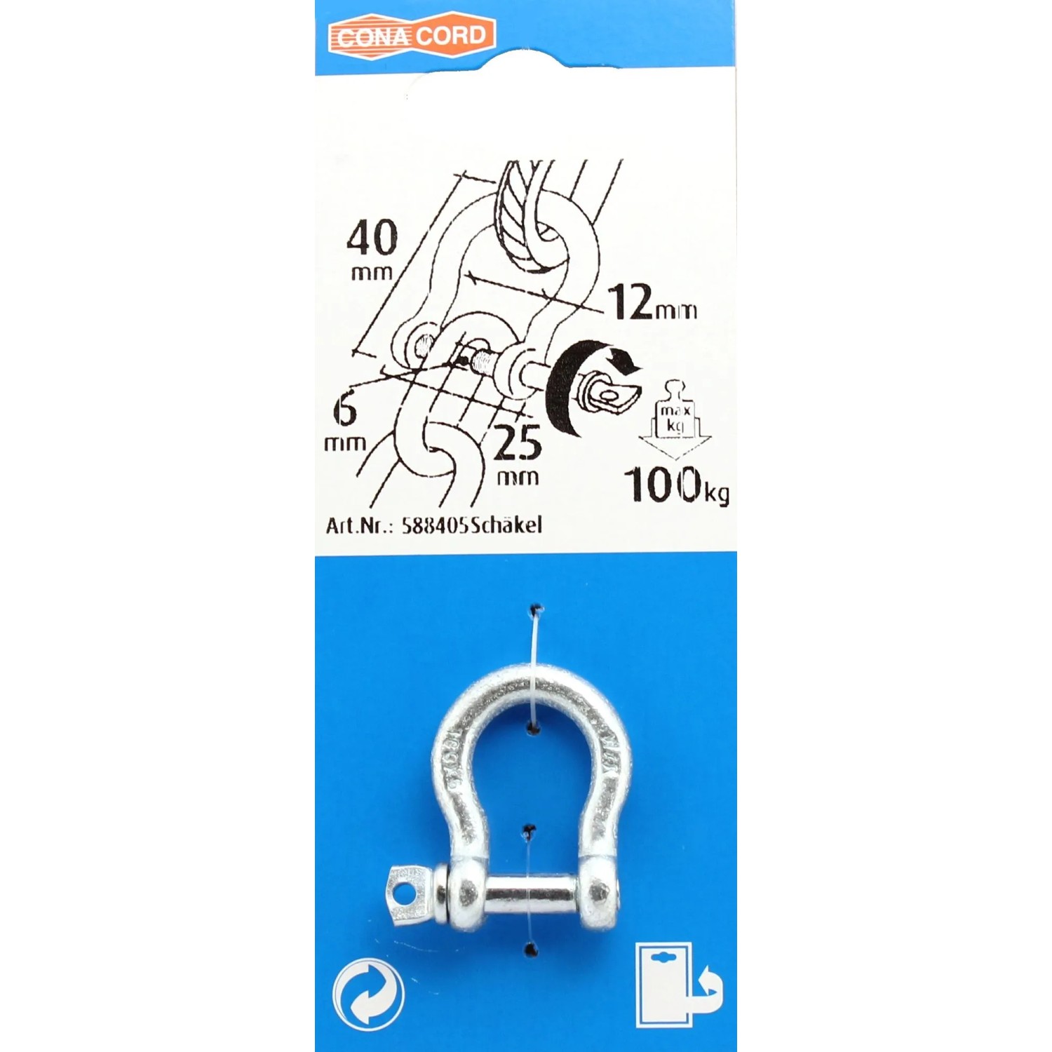 Conacord geschweifter Stahlschäkel, Ø 6 mm, 40 mm lang, 100 kg Tragkraft, auf blauer Verpackung.