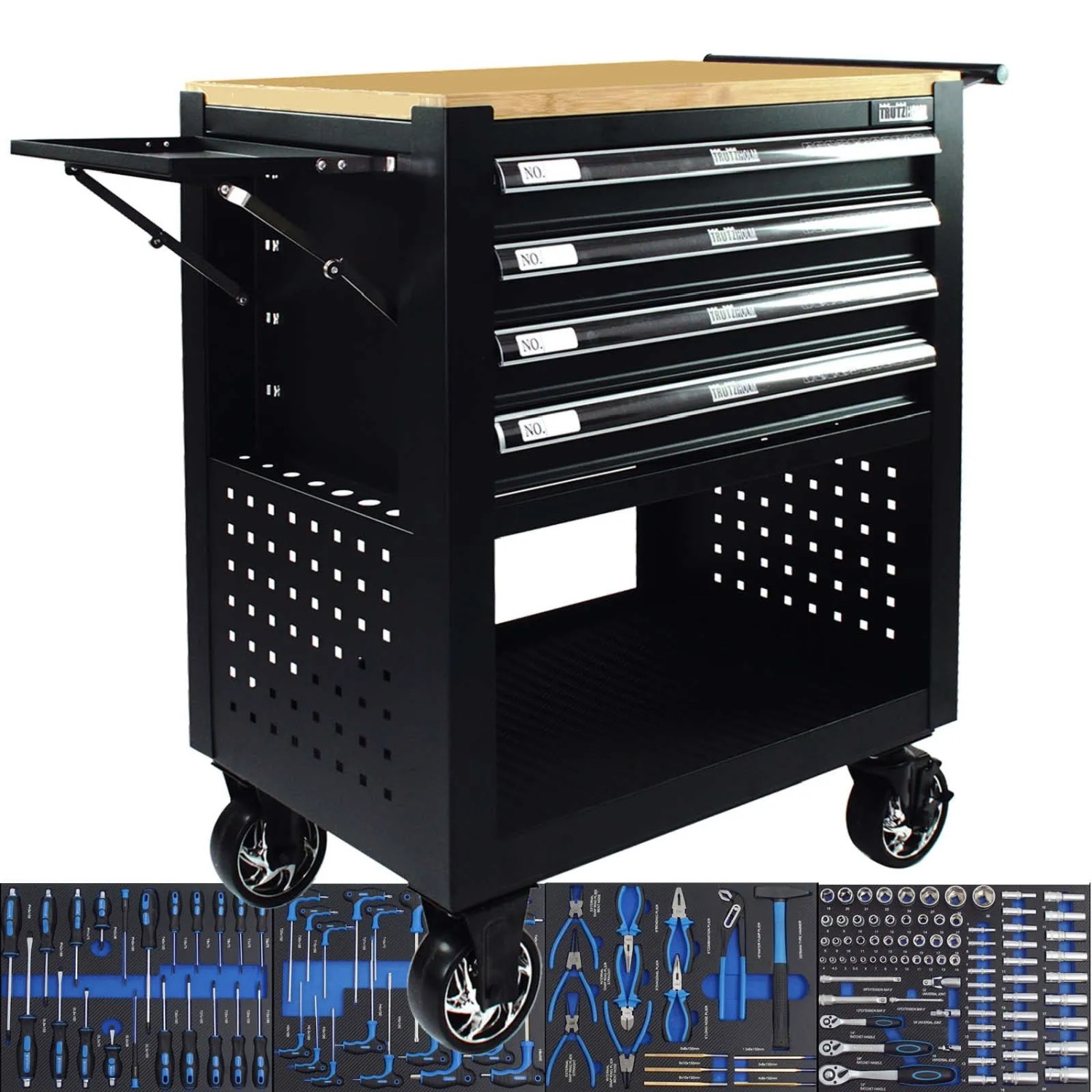TRUTZHOLM Werkstattwagen 4 Schubladen Bestückt Massivholzplatte Schwarz