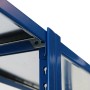 Detailaufnahme: Blaues Ar Shelving T Profil Regal, verzinkte Böden, Stecksystem.