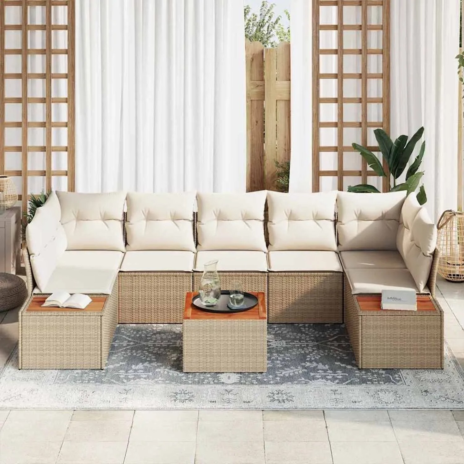 Beiges 8-teiliges vidaXL Garten-Sofa-Set aus Poly Rattan mit Kissen und Tisch.