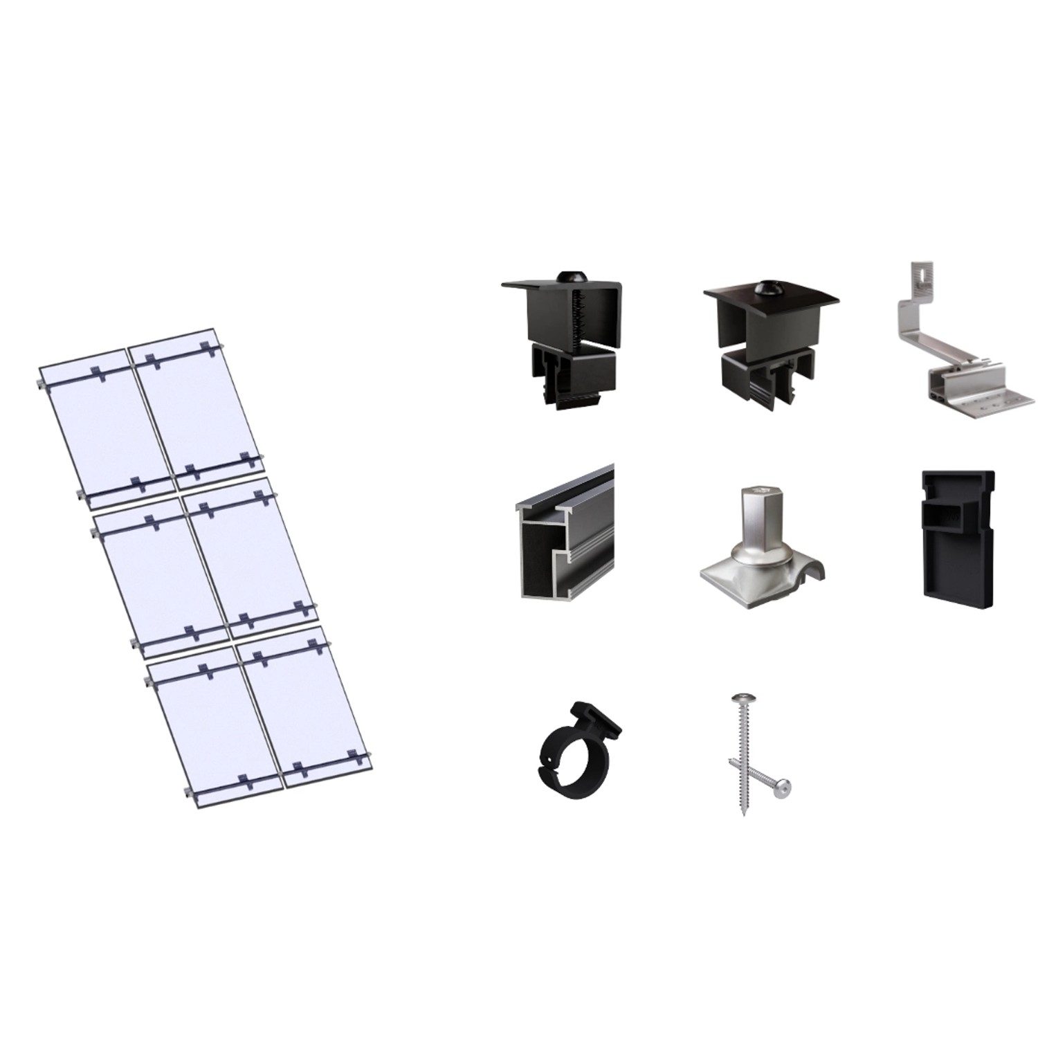 SolMount Montageset Schrägdach 6 Module Anordnung 2 Module nebeneinander und 3 Module untereinander Schwarz Eloxiert