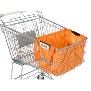 Orangefarbener Easy Shopper als Aufbewahrungsbox im Einkaufswagen.