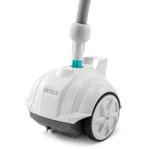 Weißer Auto Pool Cleaner ZX50 Poolroboter mit Schlauch und Rädern.