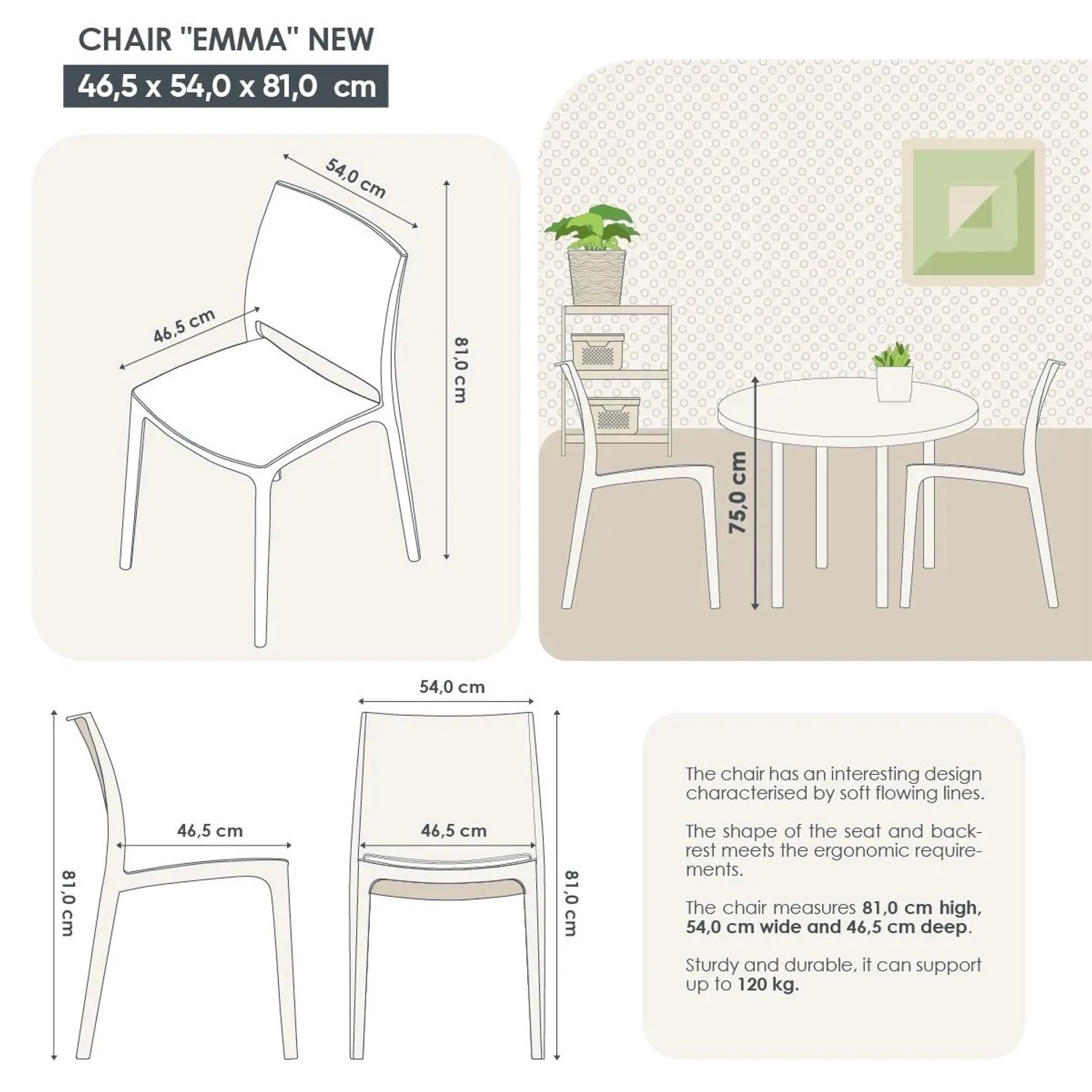 KMND Stuhl Emma: Technisches Diagramm mit Maßen (81 cm hoch), ergonomischer Form. Zeigt stapelbaren Gartenstuhl, belastbar bis 120 kg.