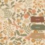 ESTAhome Vliestapete mit Blumen, Vögeln, Libellen und Schmetterlingen in Orange, Grau und Grün.