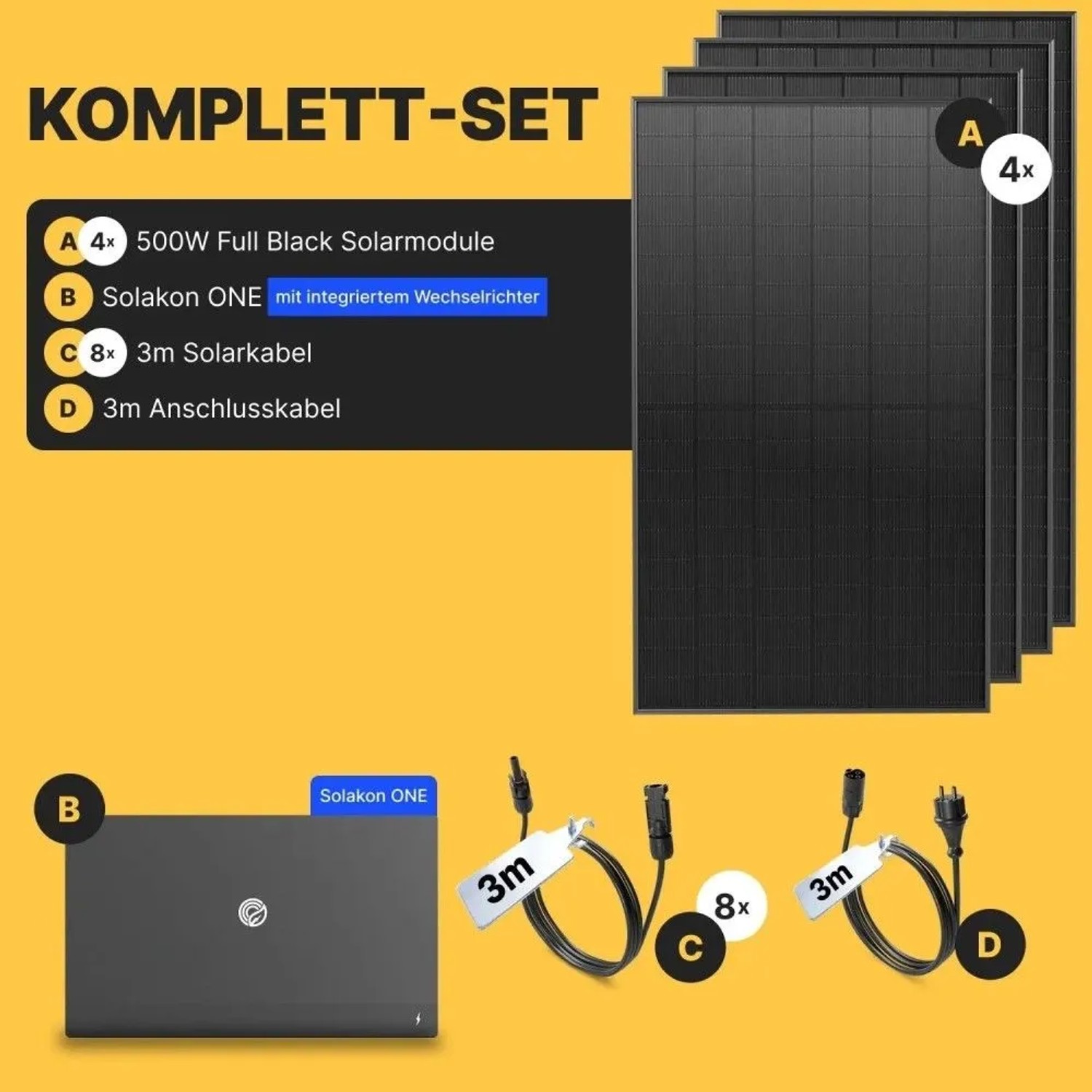 Solakon Balkonkraftwerk Komplettset mit 4 schwarzen Solarmodulen, Speicher, Wechselrichter und Kabeln.