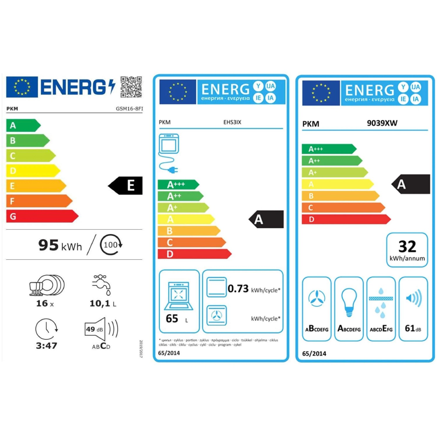 Energieeffizienzlabel für PKM Einbaugeräte der Küchenzeile: Geschirrspüler E, Herd A, Dunstabzugshaube A.