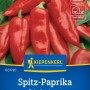 Kiepenkerl Paprika Roter Augsburger: Leuchtend rote, spitz zulaufende Paprika auf der Pflanze.
