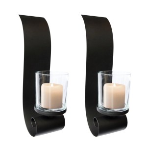 Lex 2er Set Wandkerzenhalter aus Metall mit Glas, schwarz.