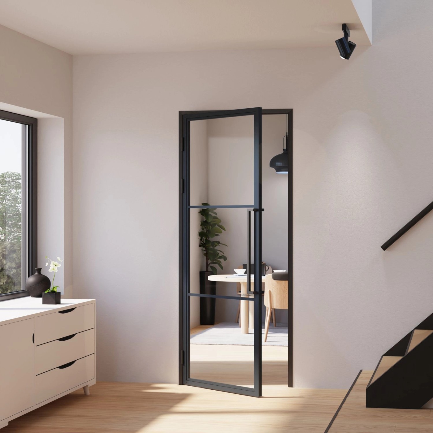 Offene inova Loft Glastür mit schwarzem Rahmen, Griffstange und Zarge im modernen Wohnraum.