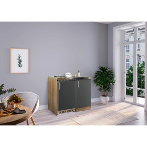 Respekta Miniküche MK100ESG, 100 cm, Grau-Eiche Dekor mit Kühlschrank und 2-Platten Kochfeld.