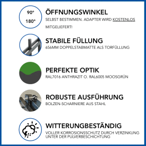 Details zum GEWA Gartentor Classic Doppeltor: Öffnungswinkel, Füllung, Optik, Ausführung und Wetterbeständigkeit.