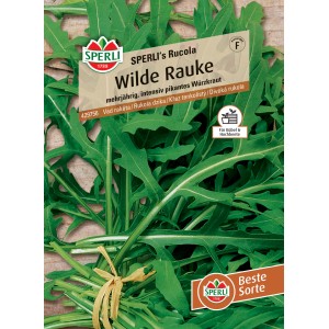 Samenpackung Sperli Wilde Rauke Rucola mit grünen Blättern.