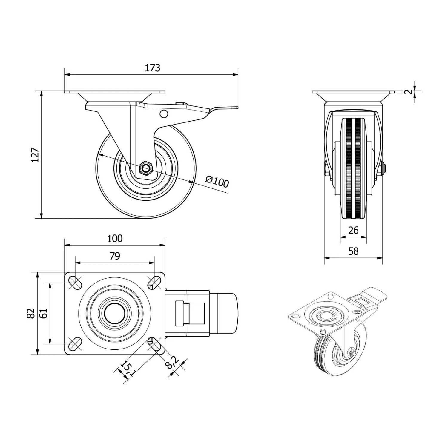 SOTECH 4er SET Transportrollen RED Ø100 mm 2x Lenkrollen und 2x Lenkrollen mit Bremse Bis 360 Kg_6