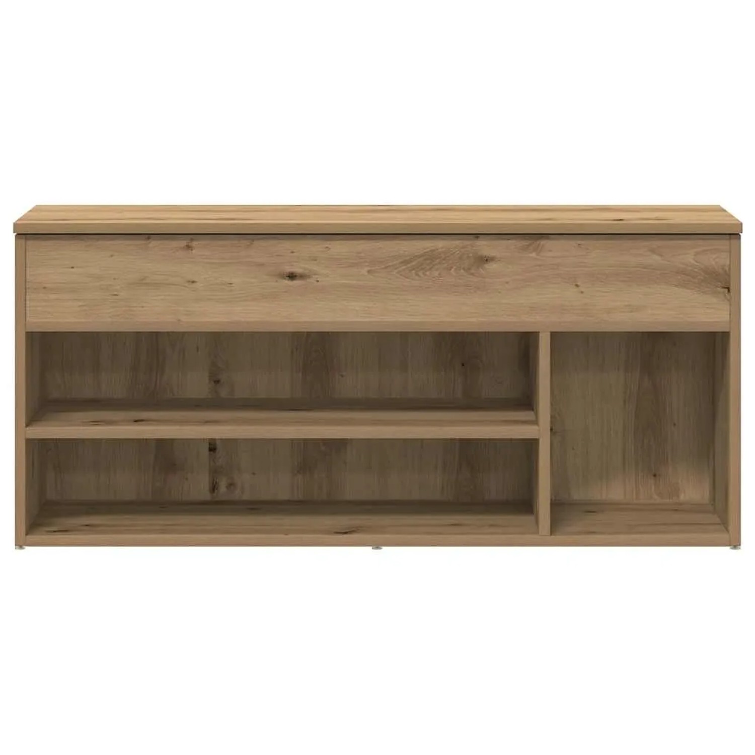 Schuhbank Artisan-Eiche aus Holzwerkstoff mit Klappe und offenen Fächern für Schuhe. 102 cm breit.