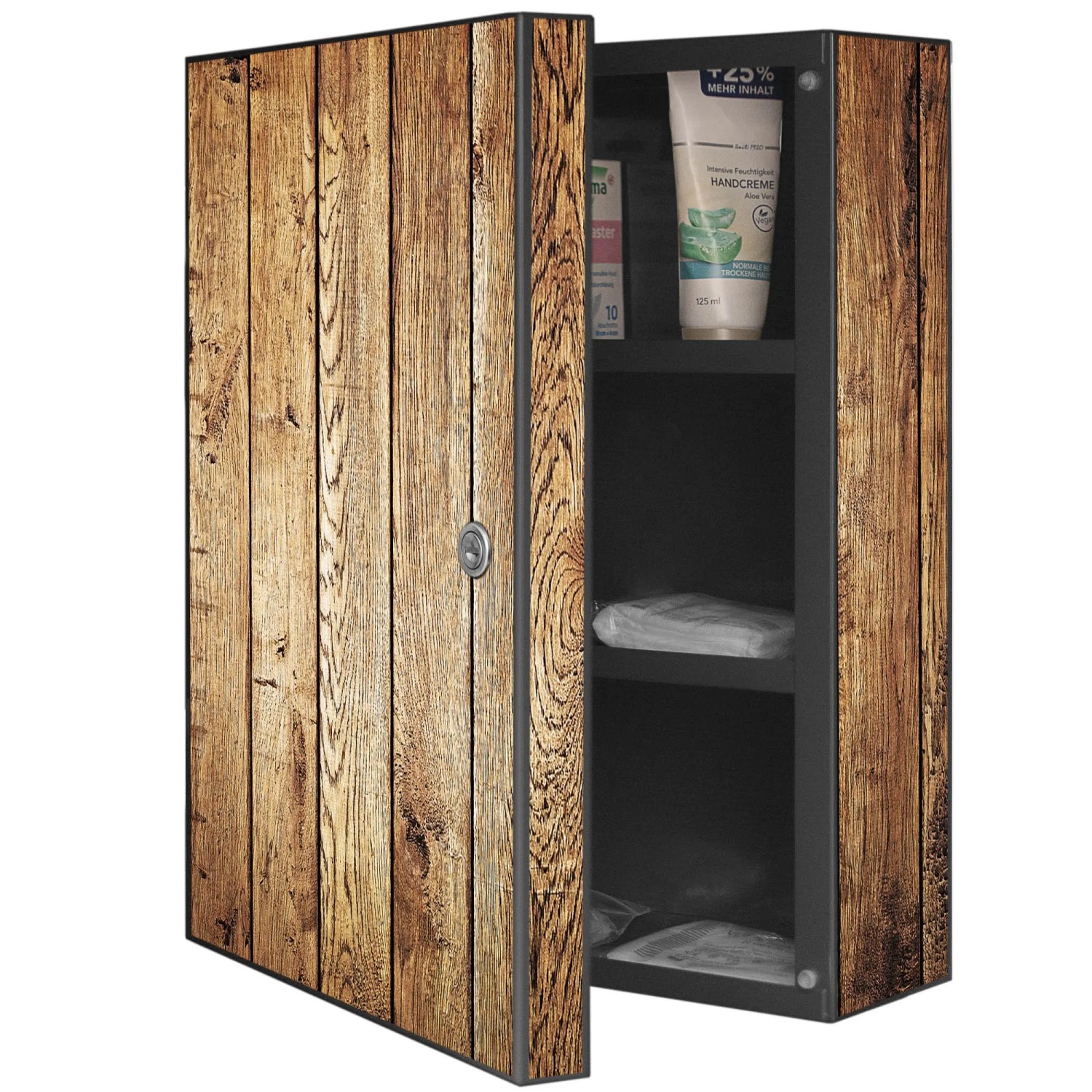 Banjado XXL Medizinschrank, abschließbar, anthrazit mit Holzmotiv, 35x46x15cm.