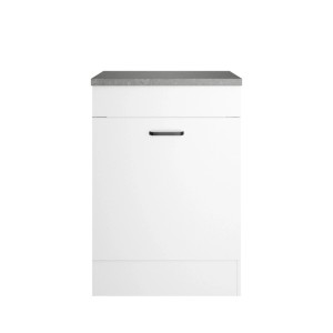 Weißer OPTIFIT Spülenunterschrank Bonn214, 60 cm breit, mit grauem Arbeitsplatte und Auszug für Abfallsammler.