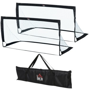 Zwei schwarze HOMCOM Fußballtore aus Metall und Oxfordstoff mit weißen Netzen, dazu eine Tragetasche. Ideal für Spiel & Spaß.