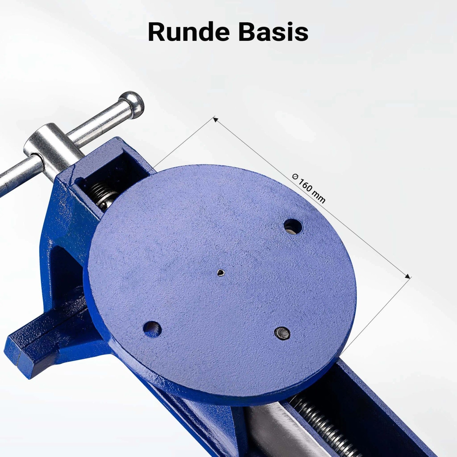 Blauer Wiltec Schraubstock mit runder Basisplatte, Ø 160 mm, für sichere Tischmontage.