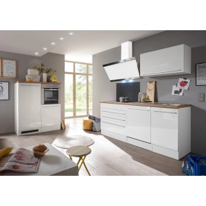 Respekta Premium Küchenzeile 320 cm in Weiß Hochglanz mit E-Geräten und viel Stauraum.