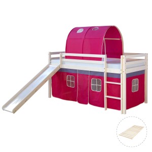 Homestyle4u Hochbett 90x200 mit Vorhang Lattenrost Rutsche und Tunnel in Weiß 2578