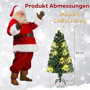 Grüner künstlicher Weihnachtsbaum 120cm mit warmweißer Beleuchtung, Glasfasern und Sternspitze auf Metallständer.