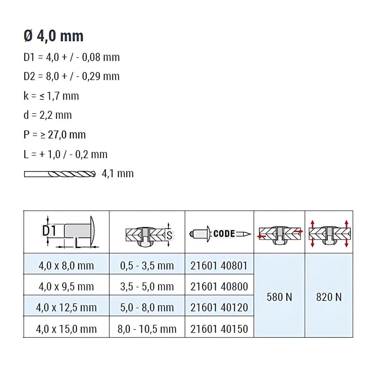 Technische Zeichnung Goebel Dicht Becherblindnieten 4,0 x 9,5 mm, Details zu Abmessungen und Anwendung.