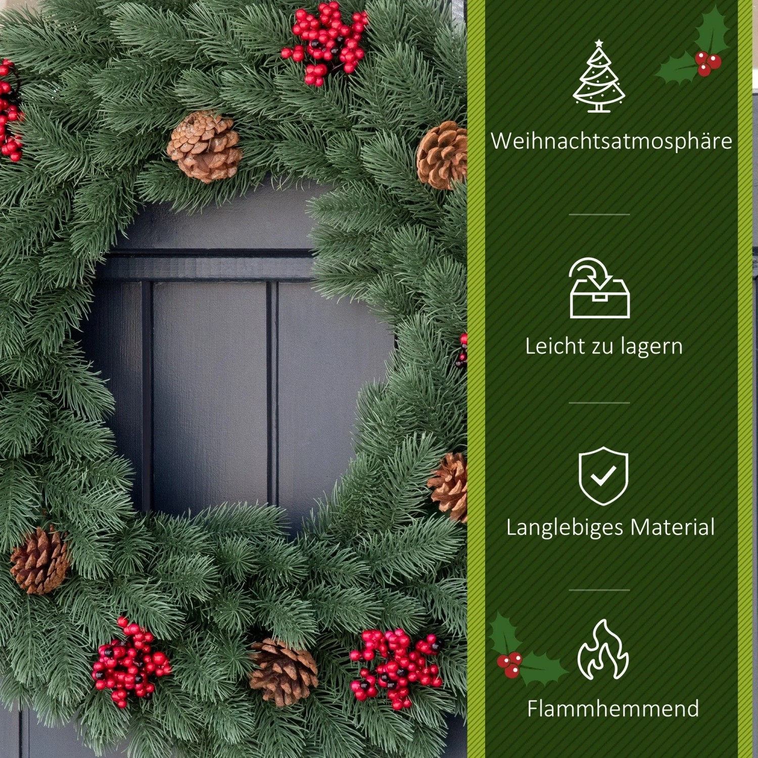 HOMCOM Tannenkranz, künstlich, grün, mit Tannenzapfen und roten Beeren, an dunkler Tür. 60 cm Weihnachtsdekoration.